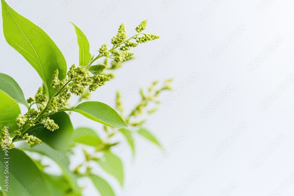 Close up of a green plant with small yellow green buds against a soft white background in a natural setting Close up of a green plant with small yellow green buds against a soft white background in a natural setting