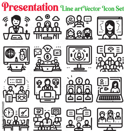 Set of online meeting-related line icons including Conference, video call, group, presentation