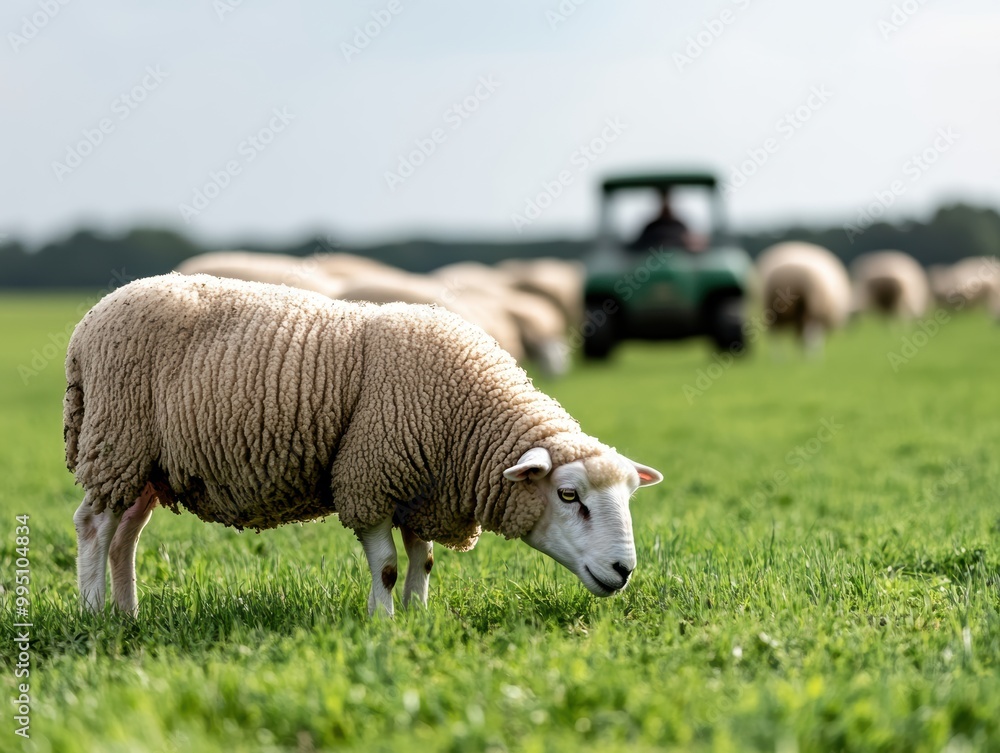 Obraz premium A grazing sheep on a green pasture, with a tractor in the background, showcasing rural life and farming.