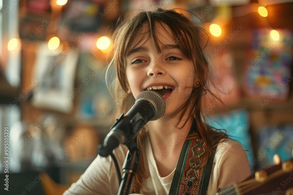 A young girl is singing into a microphone A young girl is singing into a microphone