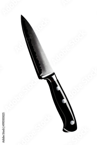 A sharp kitchen knife with a sleek black handle, ideal for culinary tasks and food preparation.