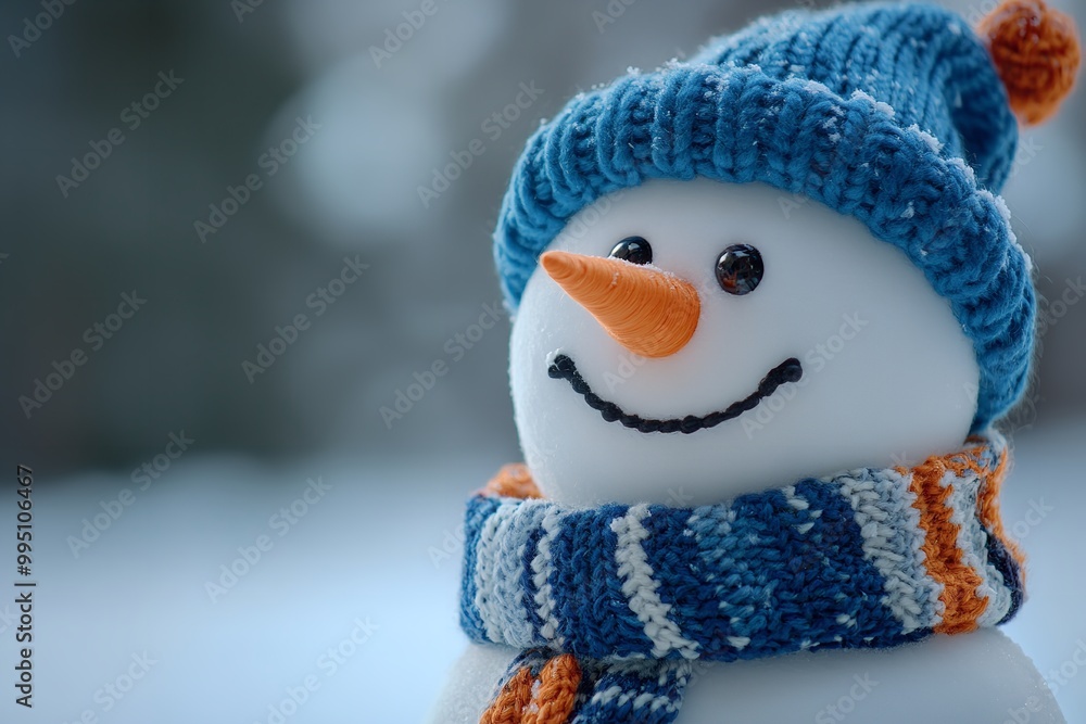 Snowman isolated on a backdrop with a blue cap and scarf. Generative Ai Snowman isolated on a backdrop with a blue cap and scarf. Generative Ai