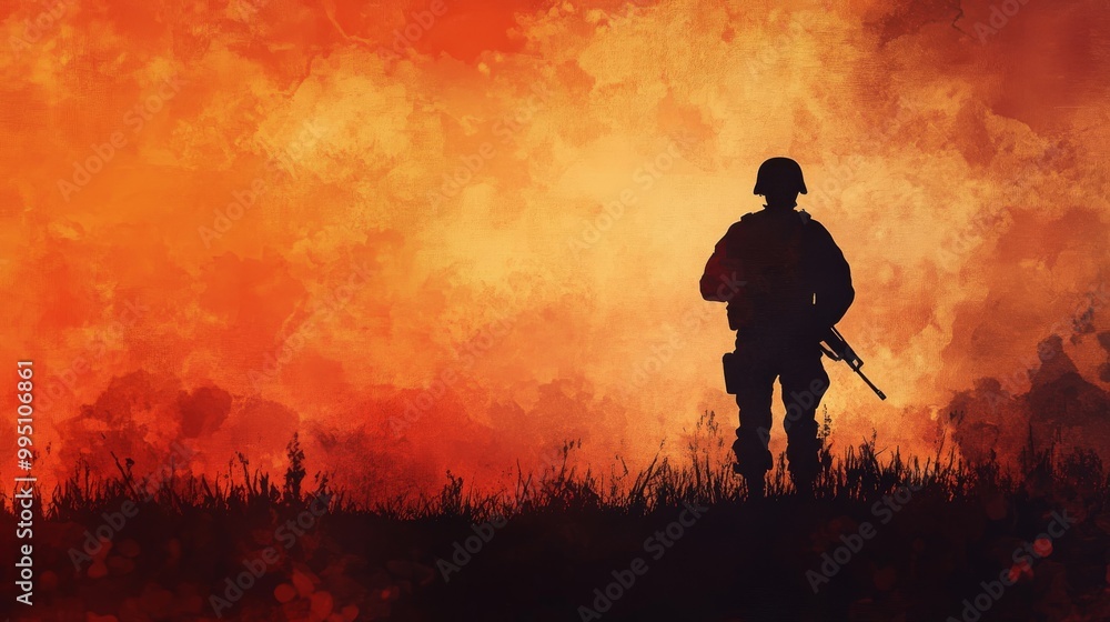 Fototapeta premium Silhouette of Soldier Against Fiery Sunset Sky in a Field