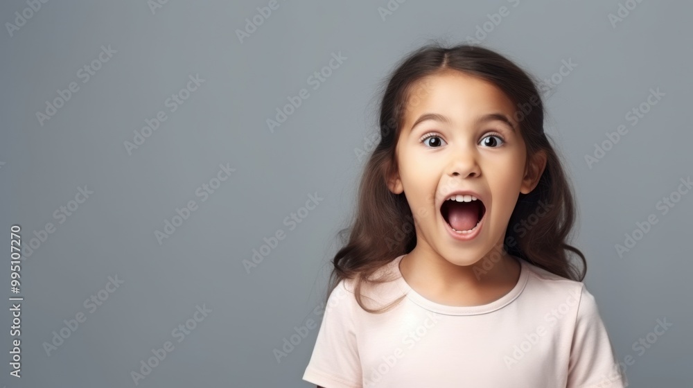 A young child with long brown hair and a white shirt, expressing excitement and amazement with a wide open mouth against a plain grey background. A young child with long brown hair and a white shirt, expressing excitement and amazement with a wide open mouth against a plain grey background.