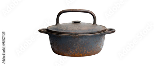 An old, rustic cooking pot with a handle, featuring a weathered surface and timeless charm for vintage-themed designs.