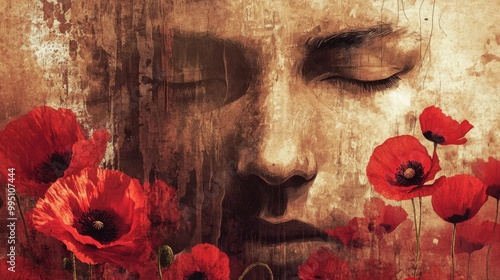 Artistic depiction of a soldier face with a backdrop of soft red poppies
