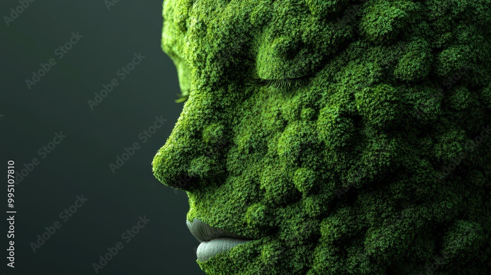 A surreal face adorned with green moss, showcasing the unity of nature and humanity in vibrant detail. A surreal face adorned with green moss, showcasing the unity of nature and humanity in vibrant detail.