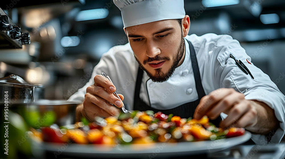 Chef Arranging Dish with Precision in Restaurant Kitchen Chef Arranging Dish with Precision in Restaurant Kitchen