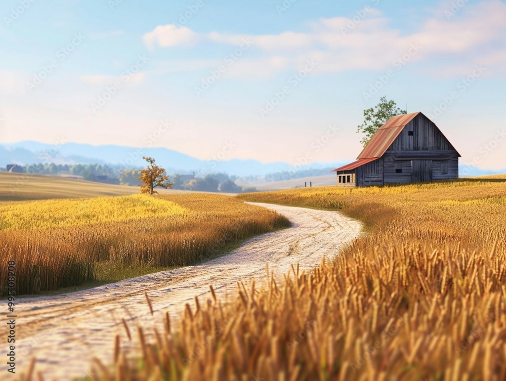 A serene rural scene featuring dirt road meandering through golden wheat fields, leading to rustic barn under clear blue sky. A serene rural scene featuring dirt road meandering through golden wheat fields, leading to rustic barn under clear blue sky.