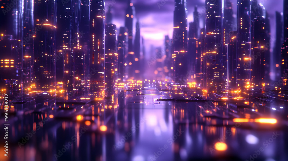 Fototapeta premium Futuristic Cityscape with Glowing Towers and Cyberpunk Aesthetic