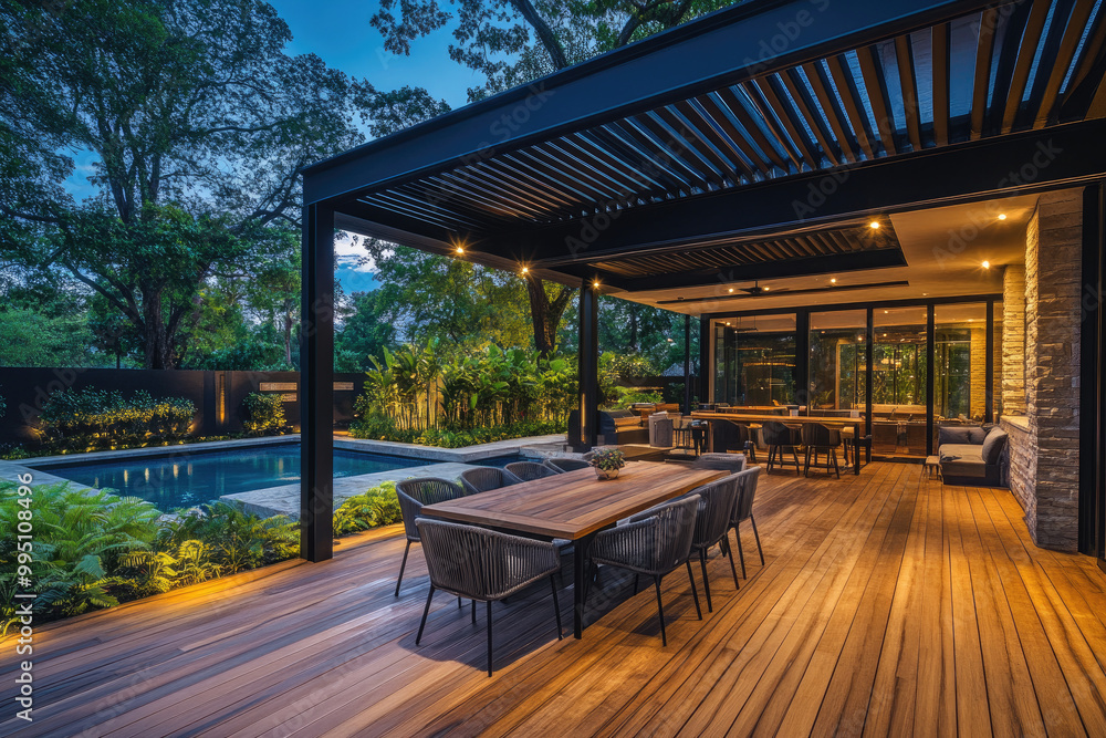Fototapeta premium A modern wooden terrace with black roof and wood slats, a swimming pool in the background at night illuminated by lights