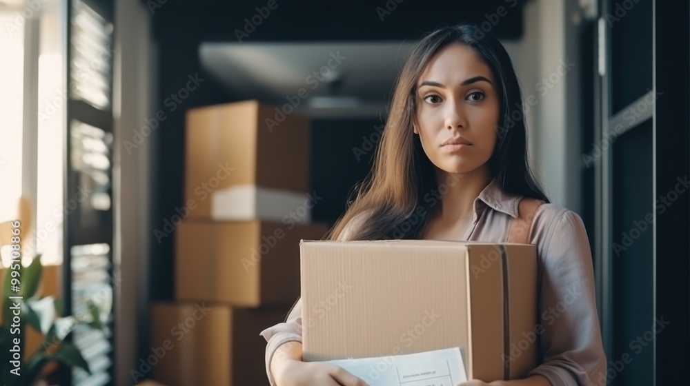 A tired woman holds a moving box amidst packed belongings, portraying the emotional strain of relocating. A tired woman holds a moving box amidst packed belongings, portraying the emotional strain of relocating.