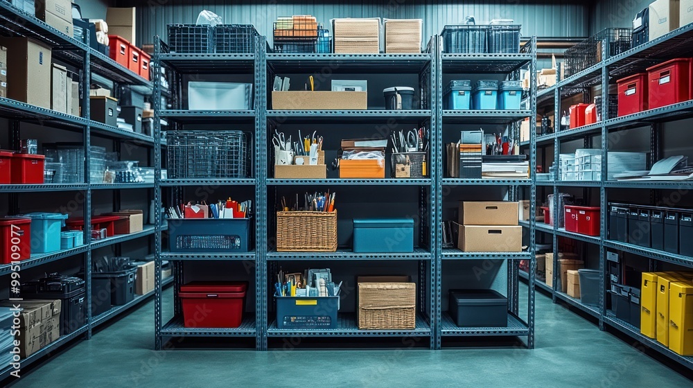 Organized storage shelves filled with various containers and supplies. Organized storage shelves filled with various containers and supplies.