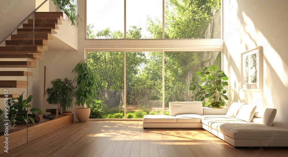A spacious living room with high ceilings, featuring white walls and wooden floors. The windows frame the view of an outdoor garden or beach area outside. A spacious living room with high ceilings, featuring white walls and wooden floors. The windows frame the view of an outdoor garden or beach area outside.
