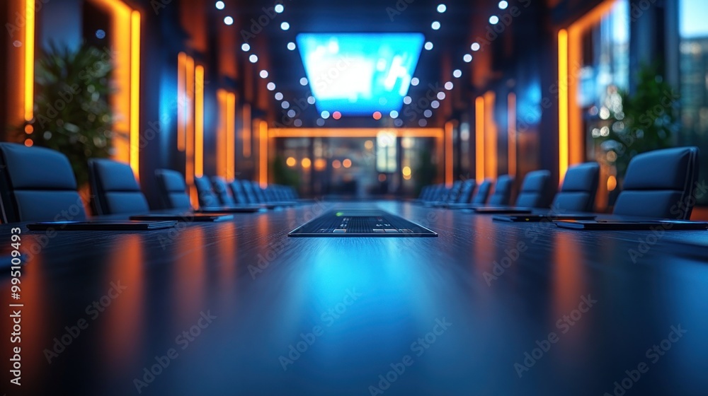 Modern conference room with sleek design and vibrant lighting. Modern conference room with sleek design and vibrant lighting.