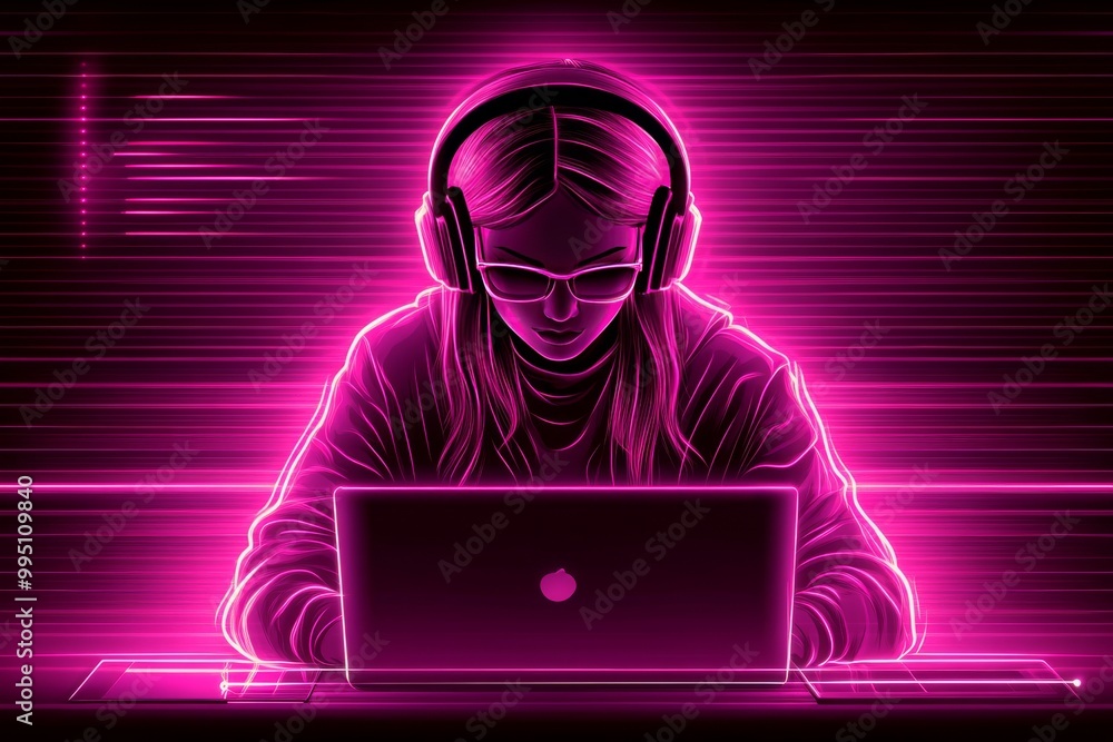 Neon lit illustration of a woman working on a laptop with glowing headphones symbolizing digital creativity modern communication and online work in a futuristic environment Neon lit illustration of a woman working on a laptop with glowing headphones symbolizing digital creativity modern communication and online work in a futuristic environment
