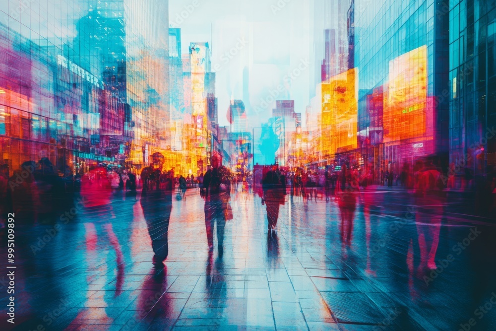 Obraz premium A blurry photo of a busy city street with people walking and cars driving