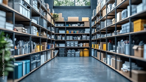 Organized storage area with shelves full of supplies and tools.