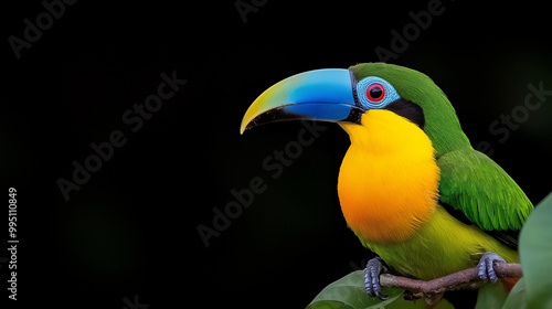 A stunning close-up of an emerald toucan perched on a branch. Its vibrant green plumage contrasts beautifully with its large, colorful bill. 