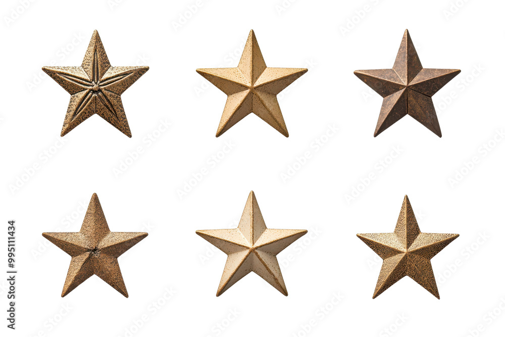 Set of six unique golden stars showcasing various textures and designs, perfect for decoration or award concepts. Set of six unique golden stars showcasing various textures and designs, perfect for decoration or award concepts.