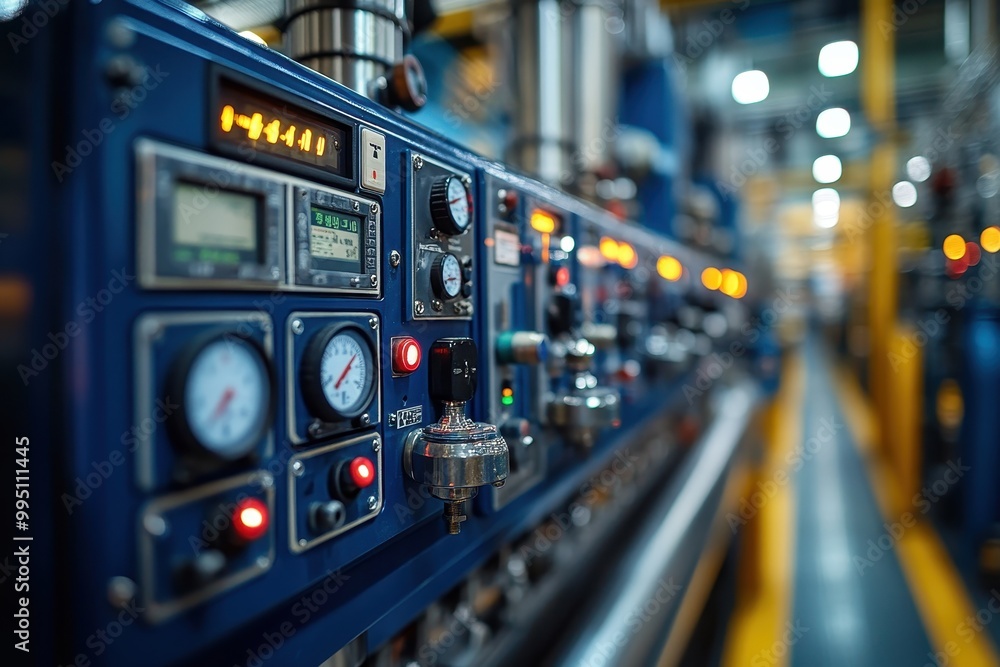 Close-Up of Industrial Machine Control Panel with Meters and Buttons, High-Resolution, Professional Lighting, Blurred Factory Equipment Background
Close-Up of Industrial Machine Control Panel with Meters and Buttons, High-Resolution, Professional Lighting, Blurred Factory Equipment Background