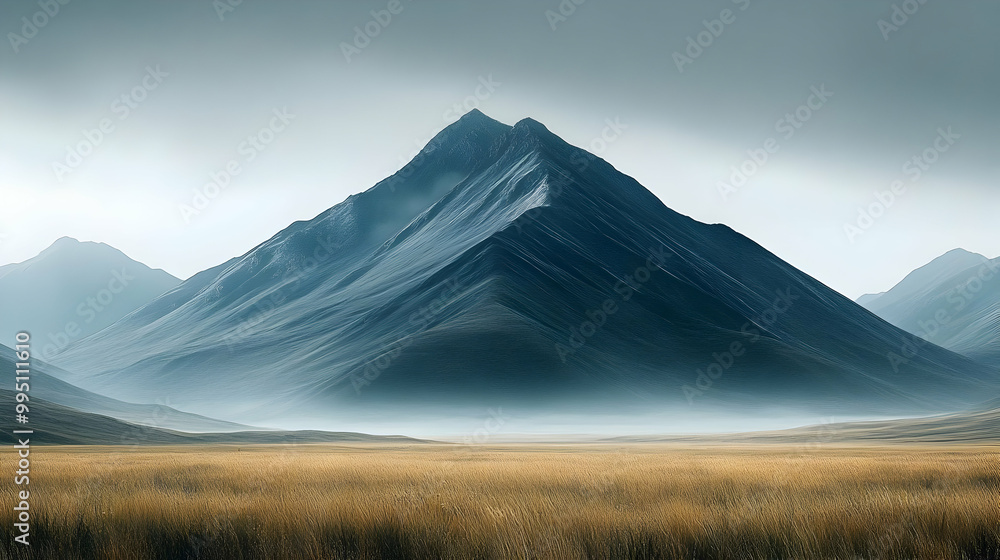 Majestic Mountain Peak Rising Above a Field of Grass Majestic Mountain Peak Rising Above a Field of Grass