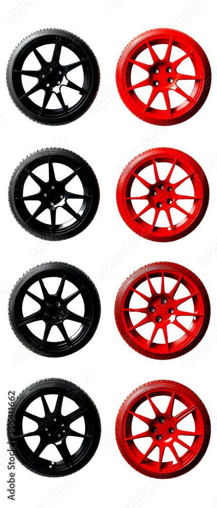 Stylish alloy wheels displayed in black and red, perfect for enhancing the look of any vehicle. Stylish alloy wheels displayed in black and red, perfect for enhancing the look of any vehicle.