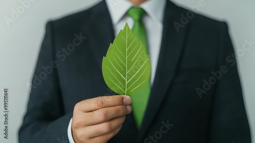 A businessman in a green leaf tie embodies ecofriendly values, showcasing sustainable practices in todays corporate landscape. photo