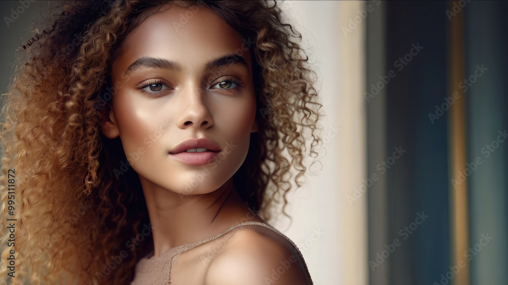 Portrait of a attractive female model with curly hair and smooth skin. Portrait of a attractive female model with curly hair and smooth skin.