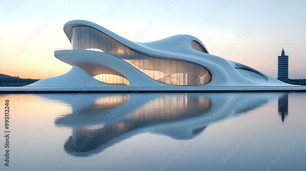 Modern Architecture Building Design With Curved Lines Reflecting On Water Modern Architecture Building Design With Curved Lines Reflecting On Water