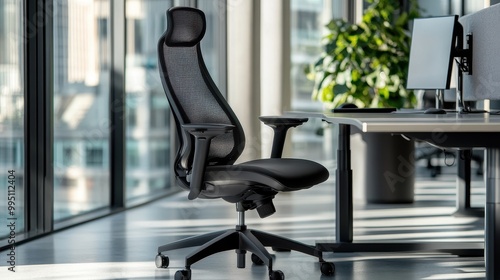 A black office chair sits in front of a window