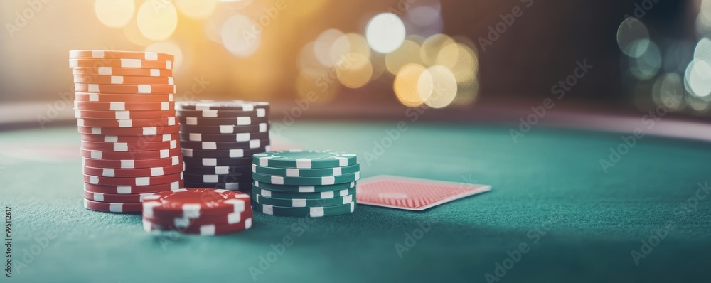 Fototapeta premium A vibrant casino scene featuring stacked colorful poker chips and a playing card on a green felt table surface.