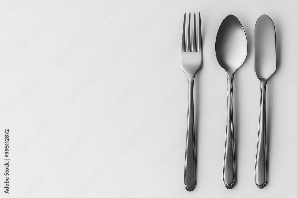 Three pieces of silver-gray kitchen silverware on a white backdrop. Generative Ai Three pieces of silver-gray kitchen silverware on a white backdrop. Generative Ai