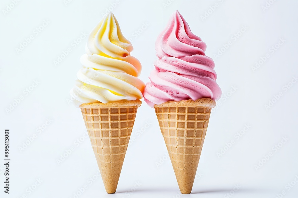 Soft serve ice cream Two flavor twists on a single cone, separated against a white backdrop. Generative Ai Soft serve ice cream Two flavor twists on a single cone, separated against a white backdrop. Generative Ai