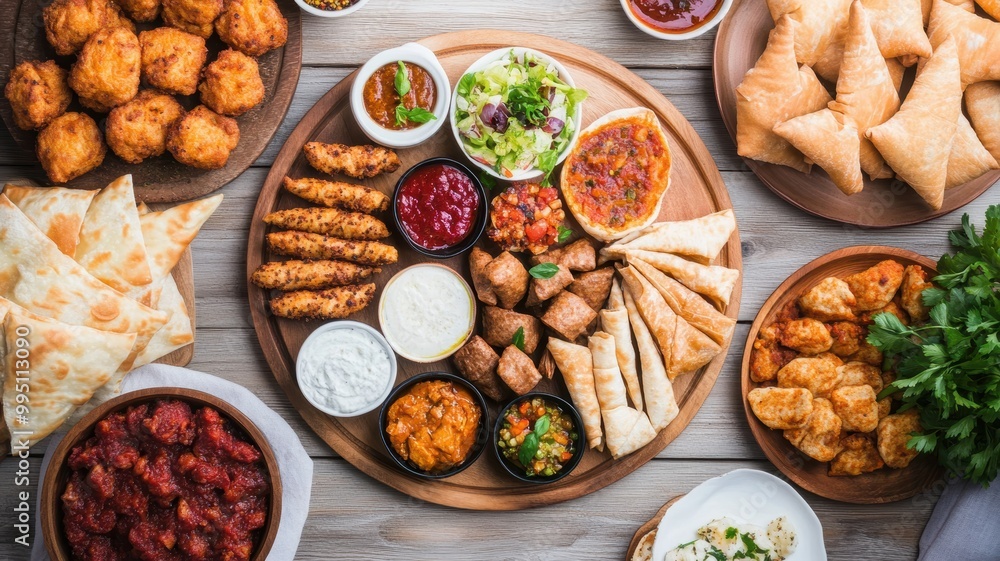 A vibrant spread of assorted appetizers, featuring samosas, salads, dips, and savory treats, ideal for gatherings and celebrations. A vibrant spread of assorted appetizers, featuring samosas, salads, dips, and savory treats, ideal for gatherings and celebrations.