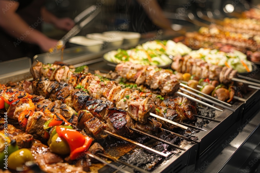 A buffet table with a variety of meats and vegetables generative ai A buffet table with a variety of meats and vegetables generative ai