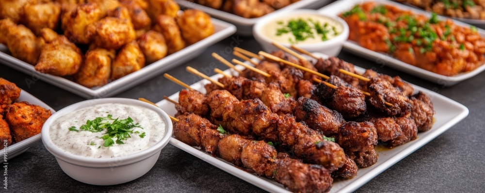 Delicious platters of grilled kebabs, savory samosas, and rich sauces ready to delight any food lover's taste buds. Delicious platters of grilled kebabs, savory samosas, and rich sauces ready to delight any food lover's taste buds.