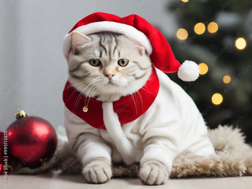 american shorthair cat in red santa claus costume for christmas new year holidays, AI generated american shorthair cat in red santa claus costume for christmas new year holidays, AI generated