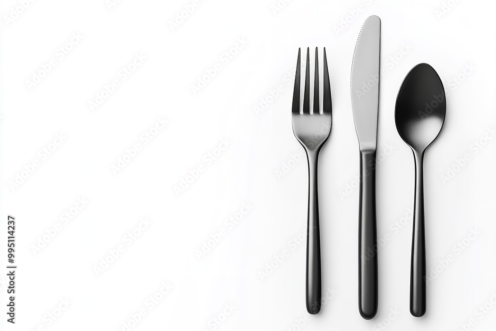 Three pieces of silver-gray kitchen silverware on a white backdrop. Generative Ai Three pieces of silver-gray kitchen silverware on a white backdrop. Generative Ai