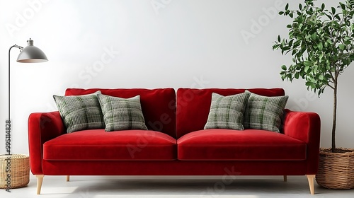 Cozy red sofa with decorative pillows and a plant.