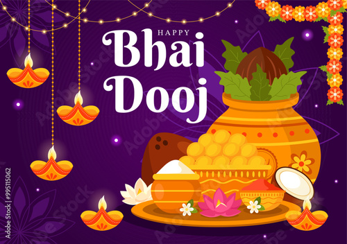 Happy Bhai Dooj Indian Festival Celebration Vector Illustration of Sisters Praying for Their Brothers Protection with Applying a Forehead Dot