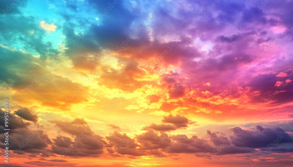 Obraz premium A dreamy sky transitioning from a golden sunset to a full spectrum of rainbow colors, giving off a vibrant yet calming feel