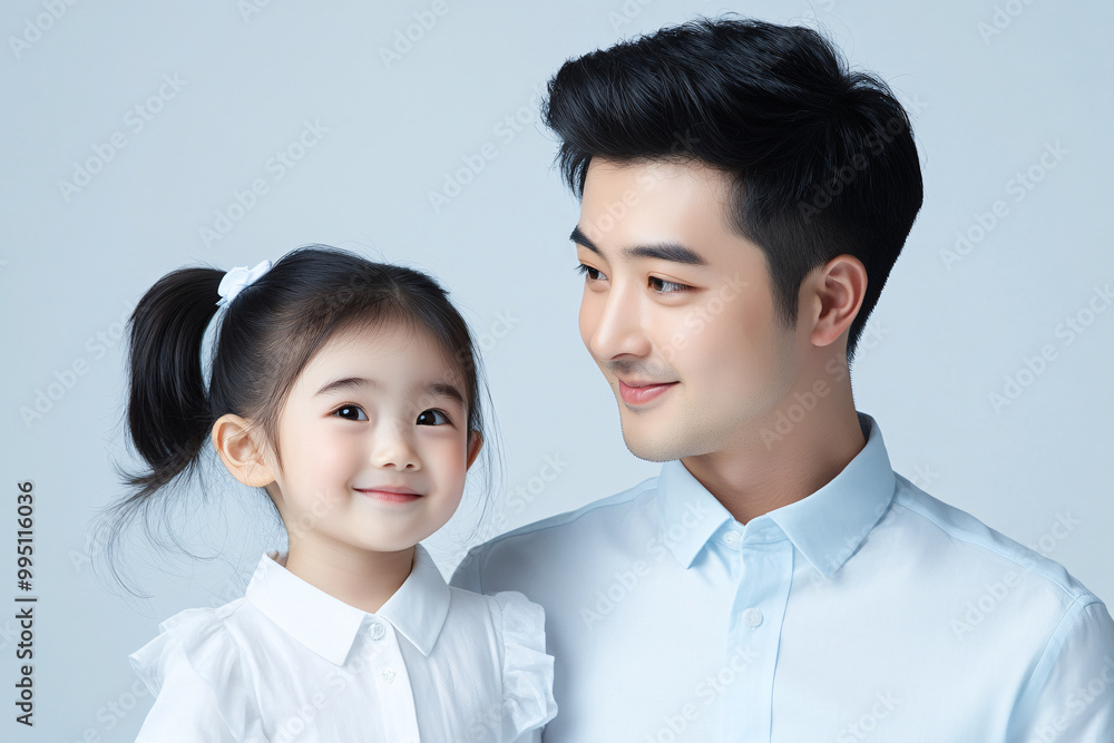 Young Chinese father and cute daughter interacting and smiling in plain background, dressed in simple Uniqlo clothes, family photo portrait. Young Chinese father and cute daughter interacting and smiling in plain background, dressed in simple Uniqlo clothes, family photo portrait.