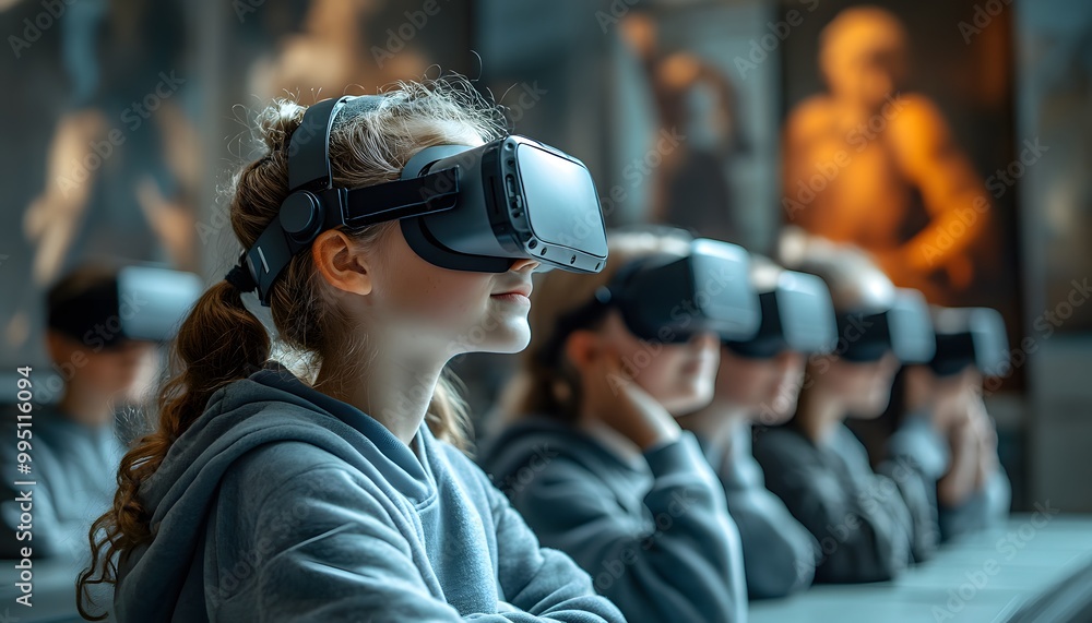 A hightech classroom with students using virtual reality headsets to explore different historical periods A hightech classroom with students using virtual reality headsets to explore different historical periods