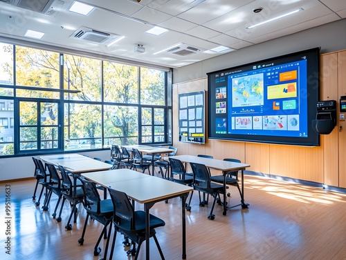 A modern classroom equipped with smart boards, tablets, and innovative teaching tools