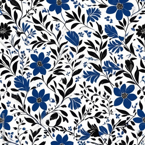 Blue Flower Floral Black Leaf Seamless Pattern on White Background Wallpaper Backdrop