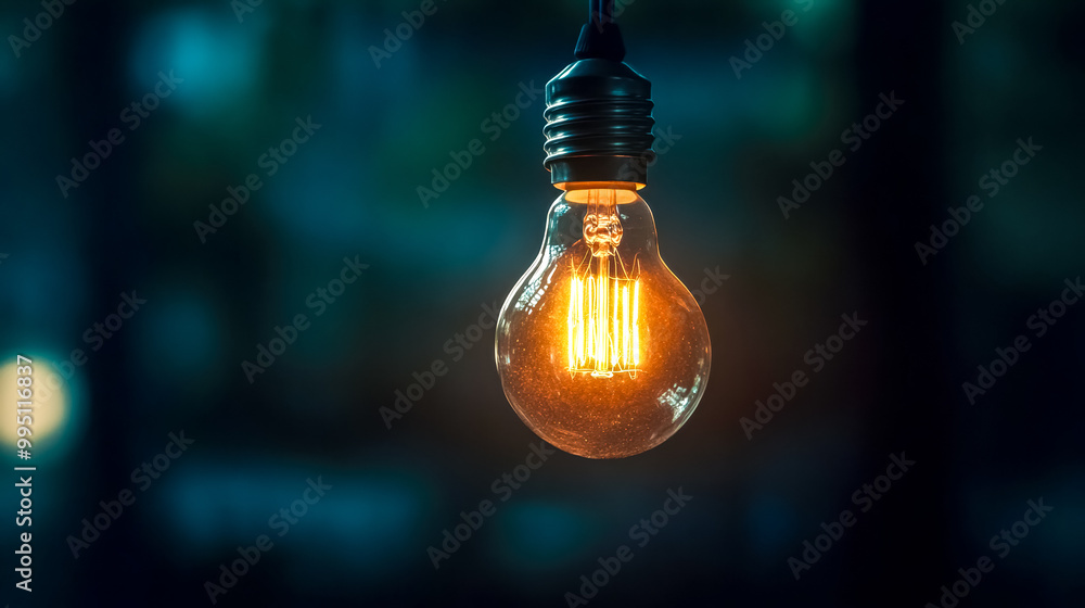 Single lightbulb glowing in dark empty room Single lightbulb glowing in dark empty room