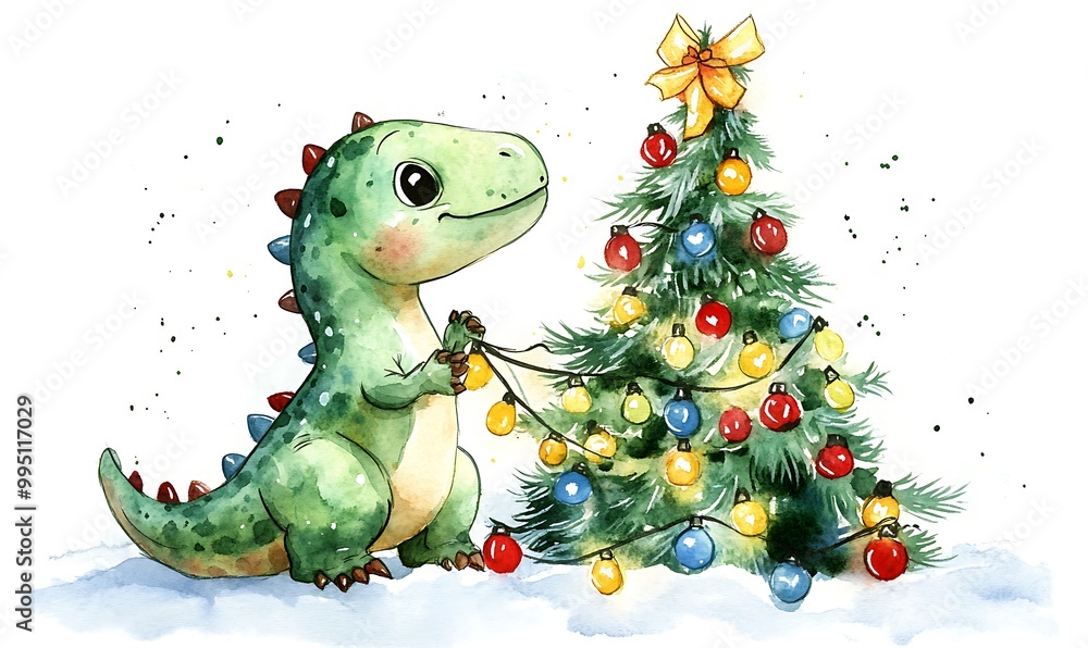 Fototapeta premium Cute Dinosaur Decorates Christmas Tree in Watercolor Style