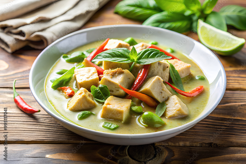 Thai Tofu green curry in a white plate, Vegetarian food festival, Vegan food festival Thai Tofu green curry in a white plate, Vegetarian food festival, Vegan food festival