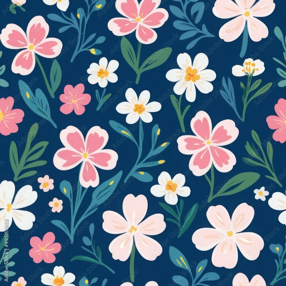 Pink and White Flower Floral Seamless on Navy Blue Pattern Background Wallpaper Backdrop Pink and White Flower Floral Seamless on Navy Blue Pattern Background Wallpaper Backdrop